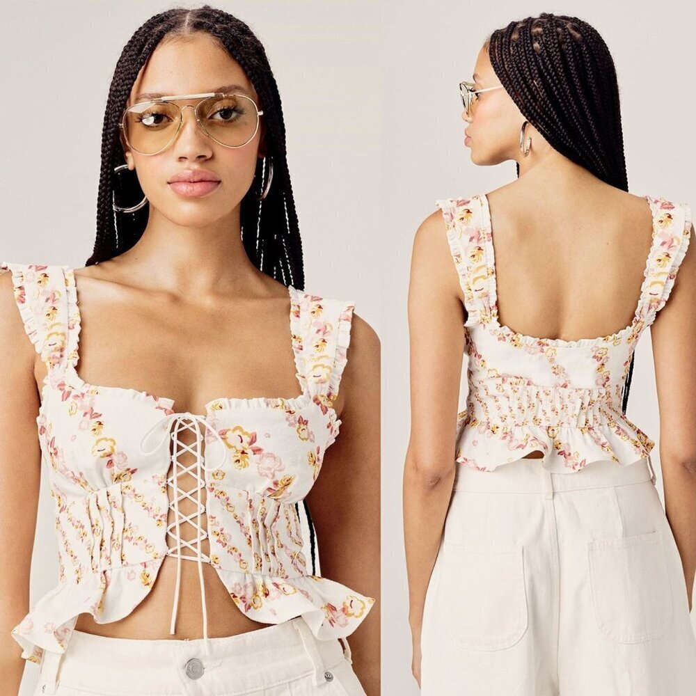 For Love & Lemons Georgia White/Yellow Floral Lace Up Crop Top - 37382